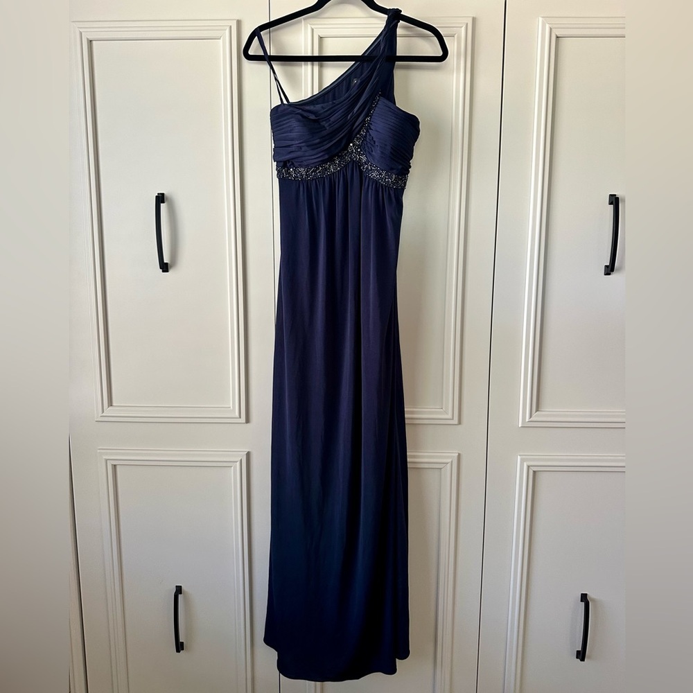 Adrianna Papell Boutique Navy One-Shoulder Formal Gown, Size 10